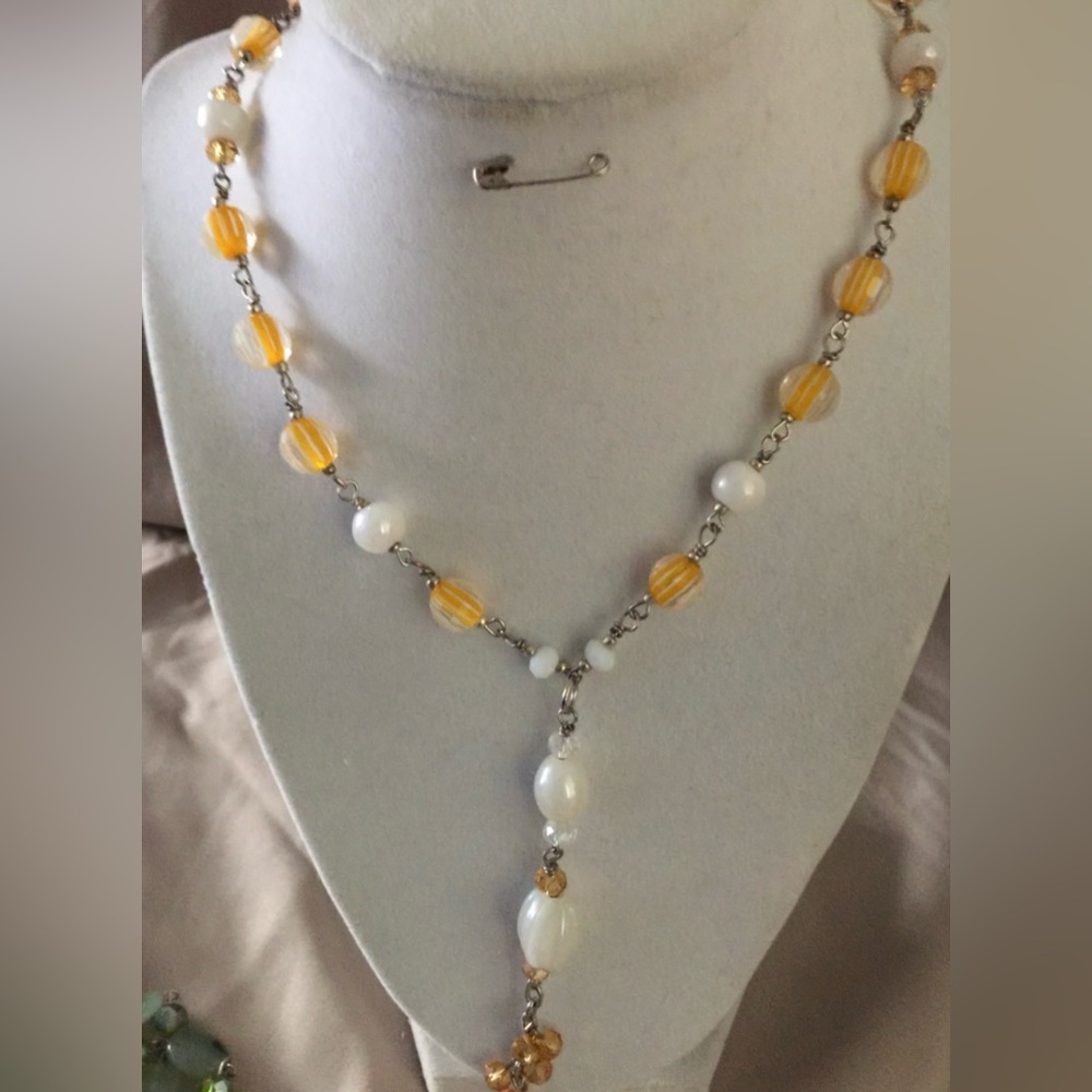 Chic Orange and White Beaded Necklace with Y-Shaped Drop